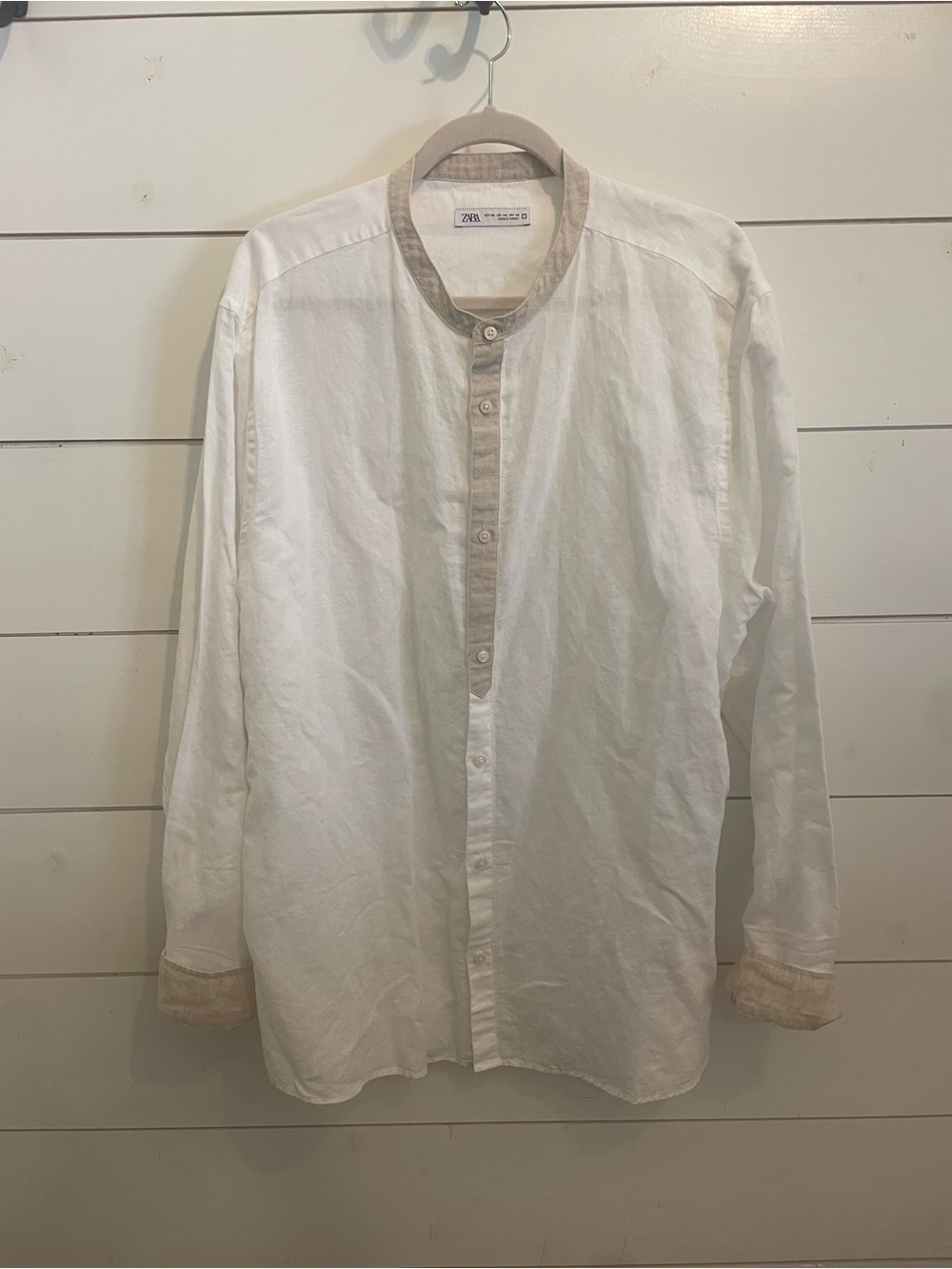 Zara Men linen blend White Shirt with Beige Contrast Trim
